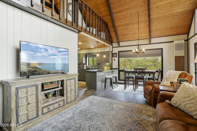 living room featuring sink, a chandelier, dark wood-type flooring, wooden ceiling, and beam ceiling