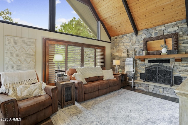 living room featuring a stone fireplace, wood ceiling, high vaulted ceiling, beam ceiling, and hardwood / wood-style floors