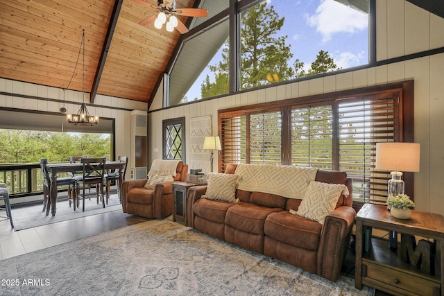 living room with wood ceiling, high vaulted ceiling, wood-type flooring, ceiling fan with notable chandelier, and beamed ceiling