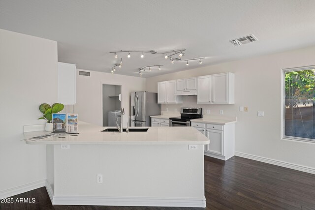 2168 E Vista Bonita Dr, Phoenix, AZ 85024 - kitchen with stainless steel appliances, baseboards, white cabinetry, a sink, and dark wood finished floors