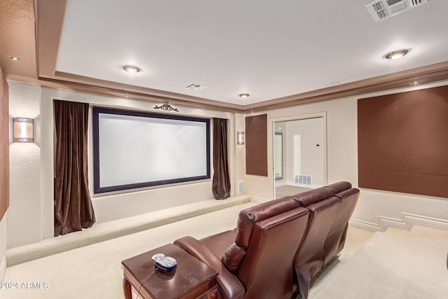 home theater with light carpet