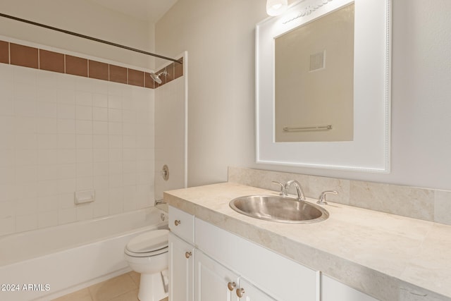 bathroom with bathtub / shower combination, visible vents, toilet, vanity, and tile patterned flooring