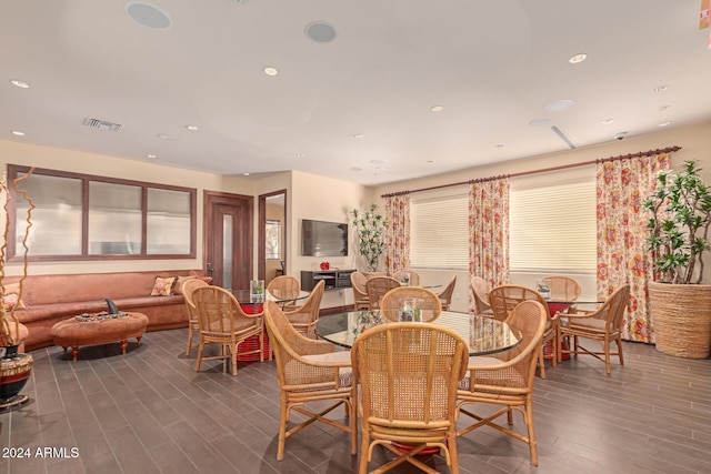 dining area featuring recessed lighting, visible vents, and wood finished floors