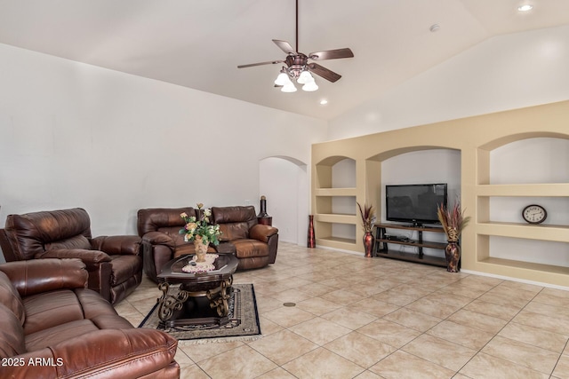 136 N 236th Ave, Buckeye, AZ 85396 - living area featuring ceiling fan, recessed lighting, built in features, lofted ceiling, and light tile patterned floors