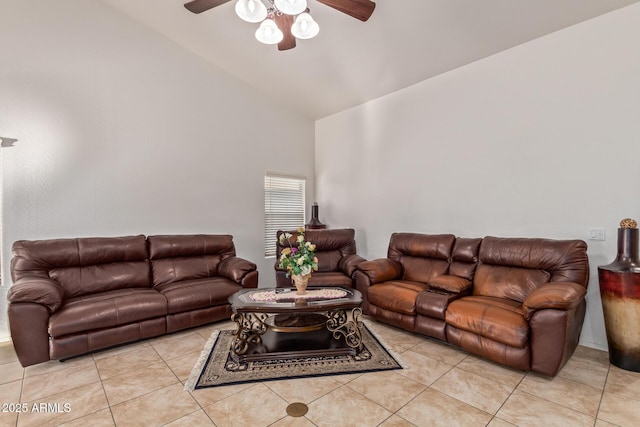136 N 236th Ave, Buckeye, AZ 85396 - living room featuring light tile patterned flooring, lofted ceiling, and a ceiling fan