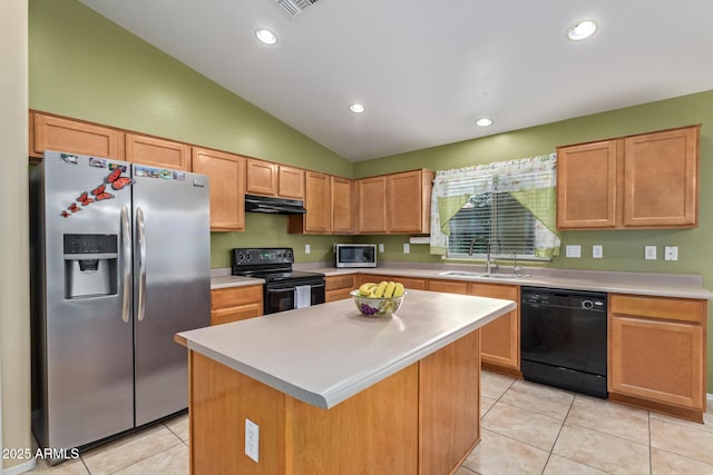 136 N 236th Ave, Buckeye, AZ 85396 - kitchen featuring light countertops, under cabinet range hood, a sink, black appliances, and light tile patterned floors