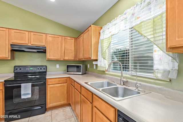 136 N 236th Ave, Buckeye, AZ 85396 - kitchen featuring a sink, lofted ceiling, under cabinet range hood, stainless steel microwave, and black / electric stove