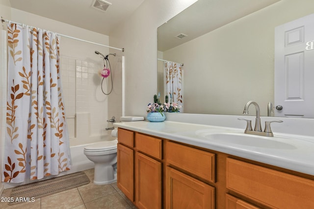 136 N 236th Ave, Buckeye, AZ 85396 - bathroom with visible vents, toilet, vanity, shower / bath combination with curtain, and tile patterned flooring