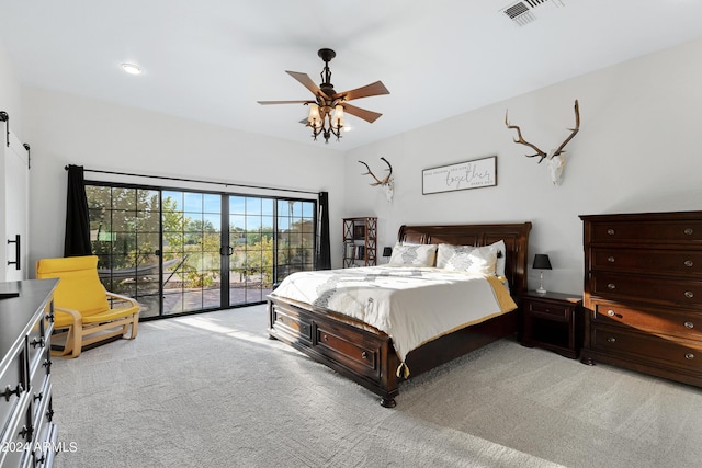 carpeted bedroom with ceiling fan and access to outside