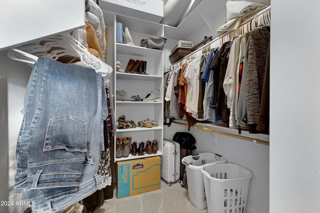 walk in closet with radiator heating unit and carpet flooring