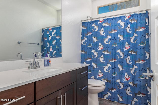 bathroom with hardwood / wood-style flooring, vanity, toilet, and walk in shower