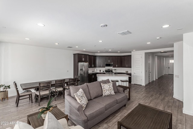 living room featuring hardwood / wood-style floors and sink