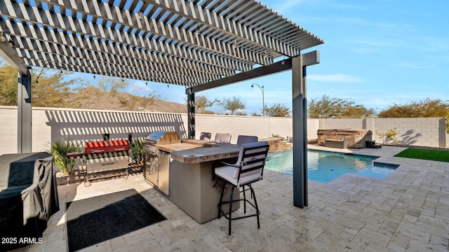 view of patio / terrace with a bar, an outdoor kitchen, a hot tub, and a pergola