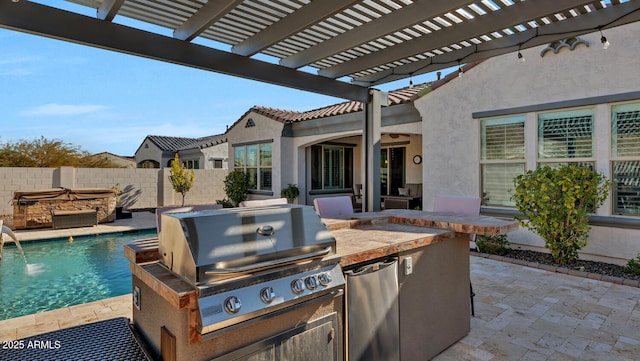 view of patio with pool water feature, area for grilling, a pergola, a pool with hot tub, and a grill