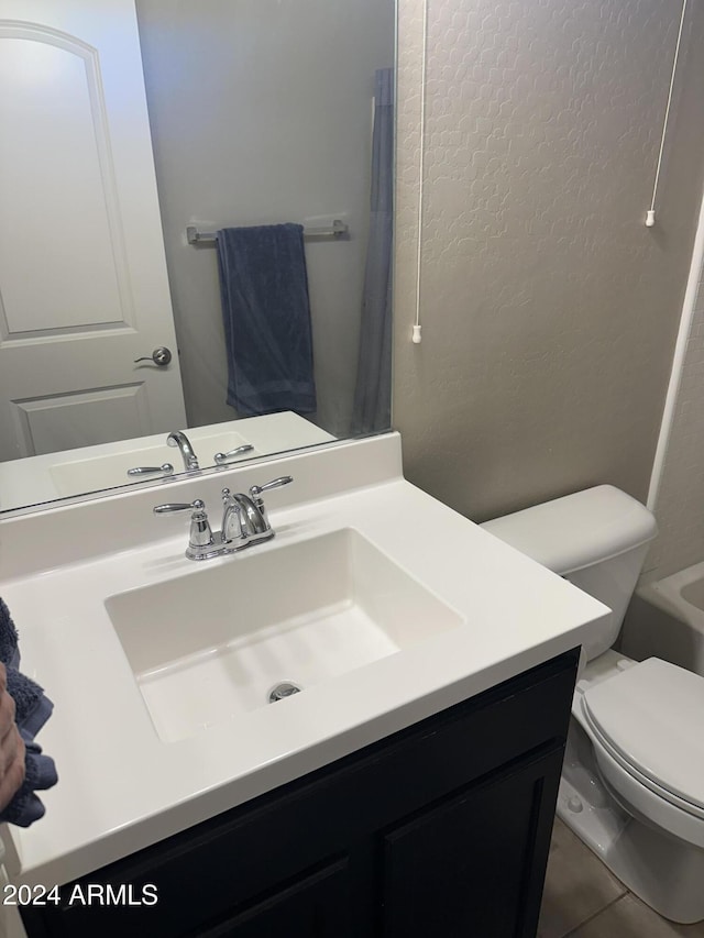 full bathroom featuring separate shower and tub, tile patterned flooring, vanity, and toilet