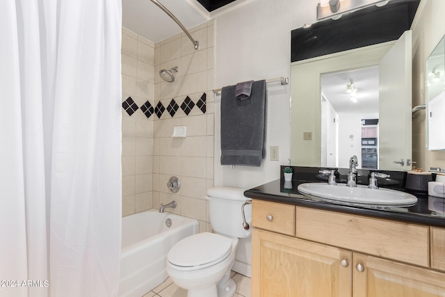 full bathroom with shower / bath combo, toilet, tile patterned floors, and vanity