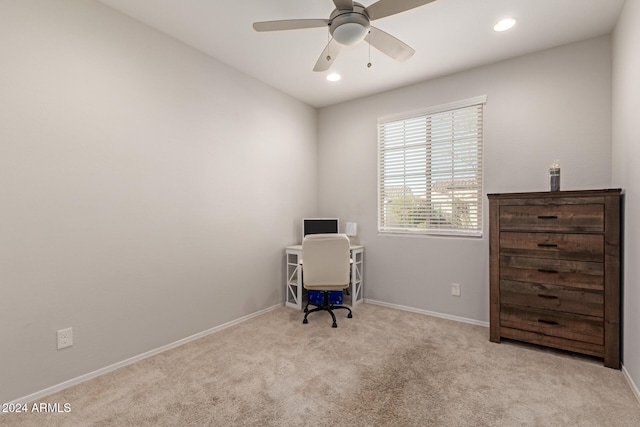 home office featuring ceiling fan, recessed lighting, baseboards, and light colored carpet