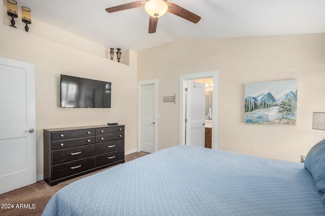 carpeted bedroom with lofted ceiling, ensuite bath, and ceiling fan