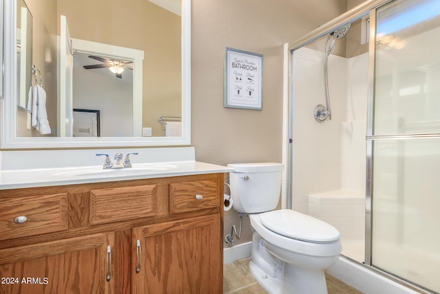 bathroom with ceiling fan, vanity, tile patterned floors, toilet, and walk in shower