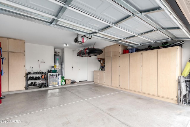 garage featuring a garage door opener and water heater