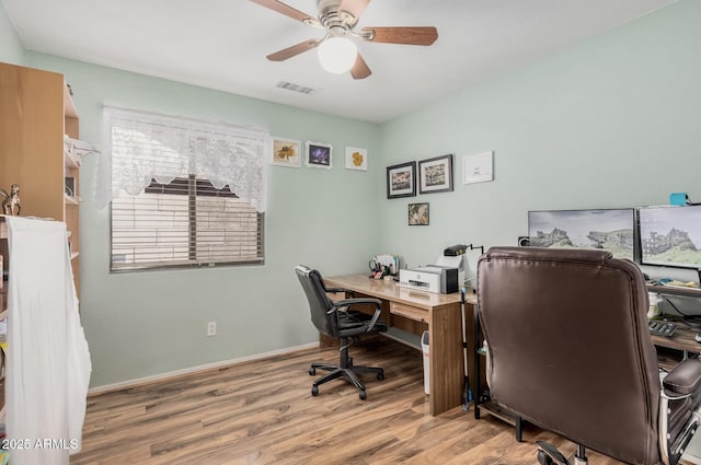 home office featuring ceiling fan, wood finished floors, and baseboards