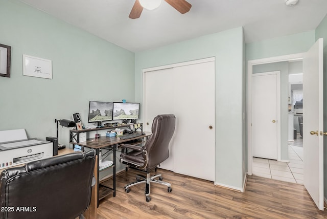home office featuring a ceiling fan and wood finished floors
