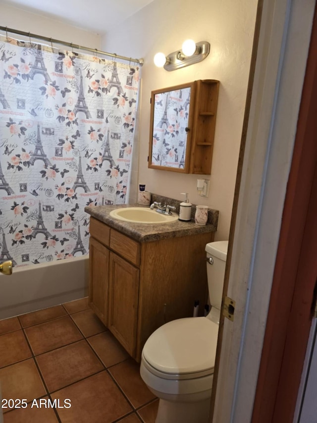 4207 N Santa Fe Ave, Douglas, AZ 85607 - bathroom with tile patterned flooring, toilet, vanity, and shower / bathtub combination with curtain