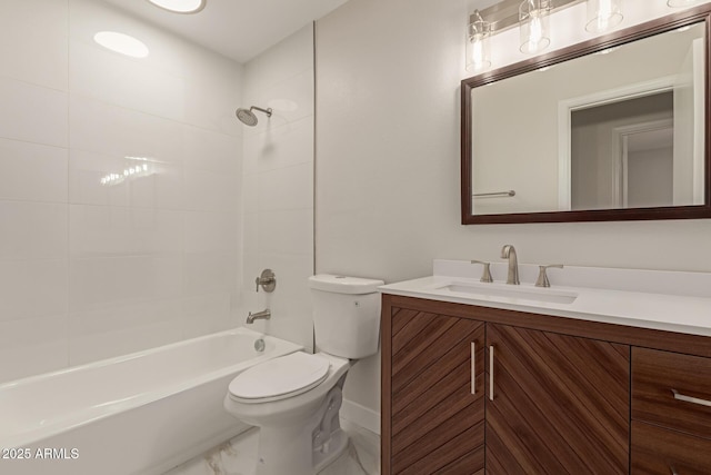 full bathroom featuring shower / bathtub combination, marble finish floor, vanity, and toilet