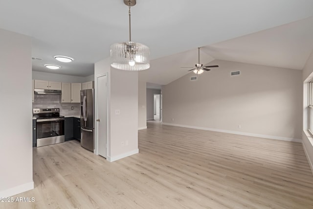 kitchen featuring under cabinet range hood, visible vents, open floor plan, appliances with stainless steel finishes, and decorative backsplash