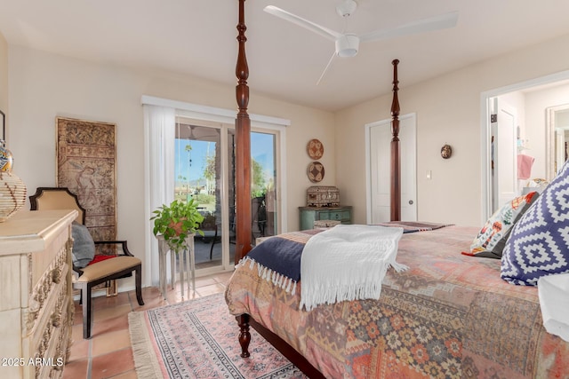 bedroom featuring ceiling fan, light tile patterned flooring, and access to exterior