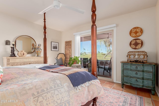 bedroom featuring ceiling fan, light tile patterned floors, and access to outside