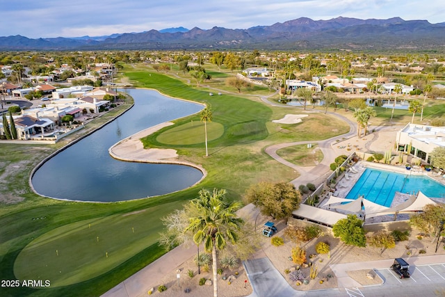 aerial view with a water and mountain view