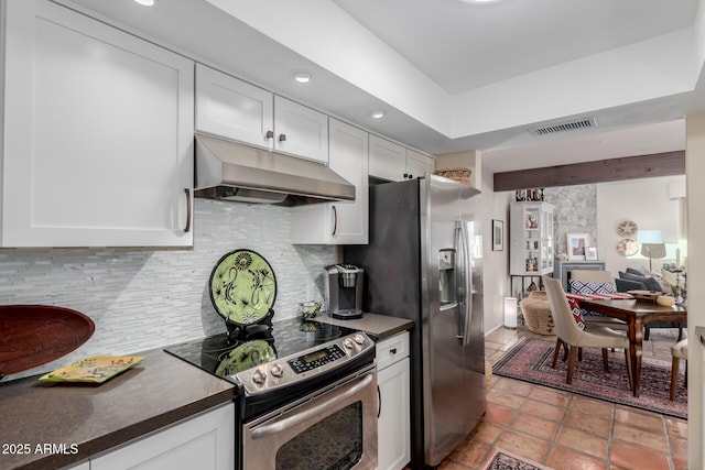 kitchen with white cabinets, appliances with stainless steel finishes, and tasteful backsplash