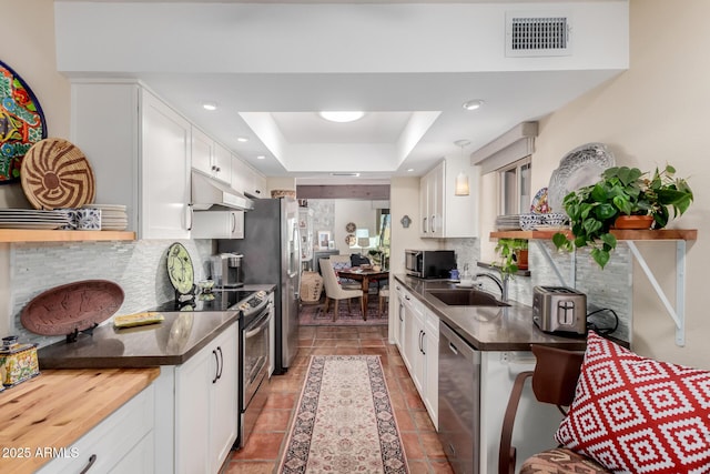 kitchen with appliances with stainless steel finishes, a tray ceiling, white cabinetry, and sink