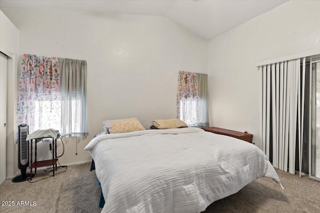 carpeted bedroom with lofted ceiling and baseboards
