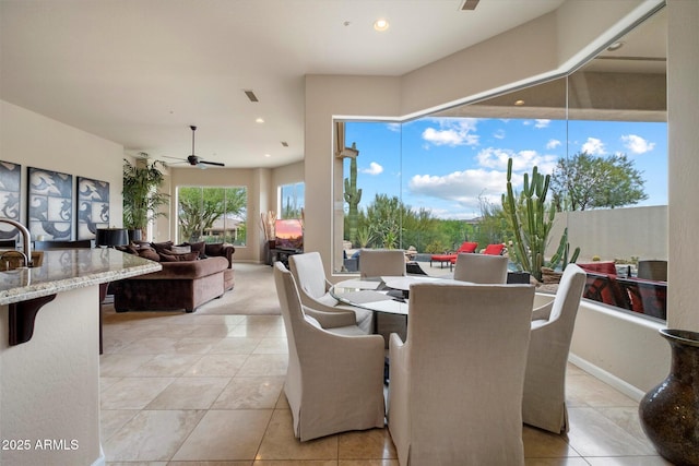 dining space featuring recessed lighting, visible vents, a ceiling fan, and light tile patterned floors