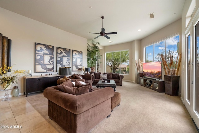 living room with recessed lighting, visible vents, light tile patterned floors, baseboards, and ceiling fan