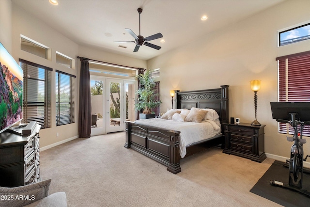 bedroom featuring light colored carpet, baseboards, french doors, and access to exterior