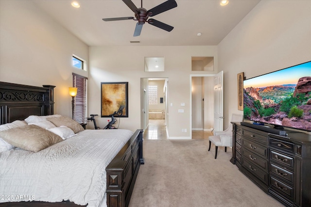 bedroom with light carpet, a ceiling fan, visible vents, and recessed lighting