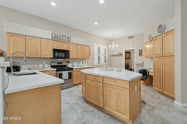 755 E Orchid Ln, Gilbert, AZ 85296 - kitchen with pendant lighting, a center island, light brown cabinets, sink, and stainless steel range with gas stovetop