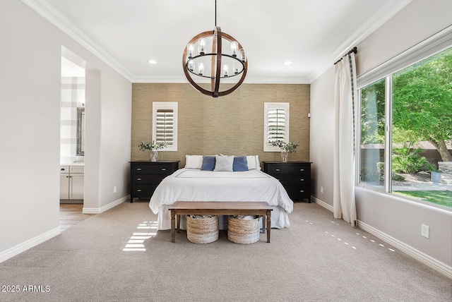 bedroom with crown molding, baseboards, light carpet, and a chandelier