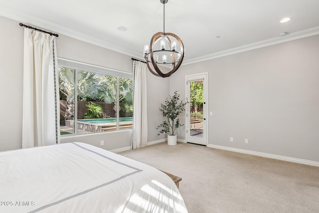 unfurnished bedroom featuring ornamental molding, baseboards, access to outside, carpet, and a notable chandelier