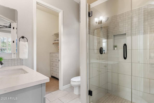 full bathroom with vanity, a shower stall, and toilet
