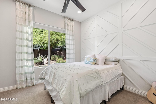 carpeted bedroom with recessed lighting, baseboards, and ceiling fan