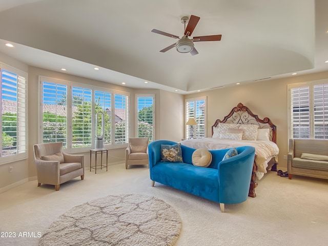 bedroom with light carpet, ceiling fan, baseboards, and recessed lighting