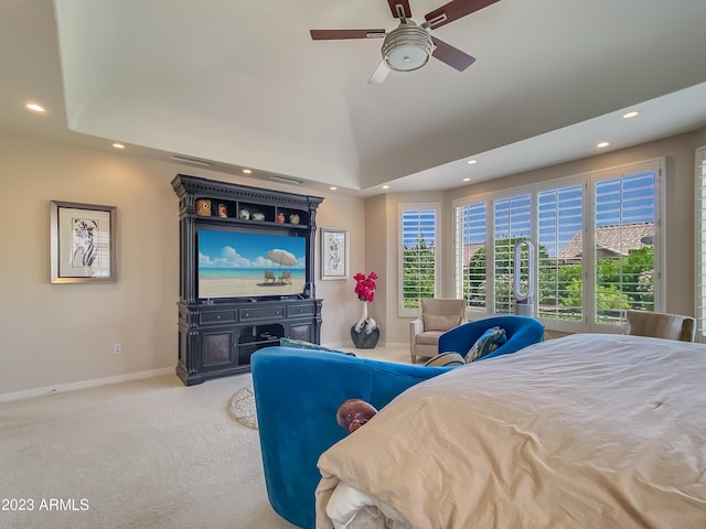 bedroom featuring recessed lighting, light colored carpet, visible vents, vaulted ceiling, and baseboards