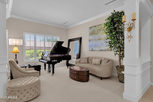 sitting room featuring baseboards, ornamental molding, and light colored carpet