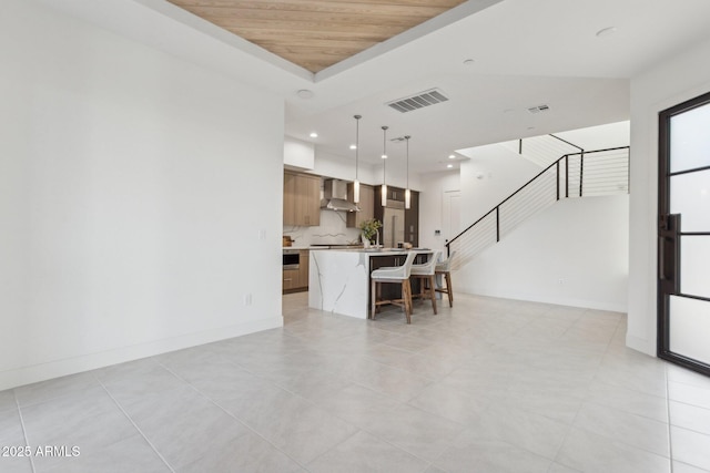 living room featuring visible vents, stairway, recessed lighting, wooden ceiling, and light tile patterned floors