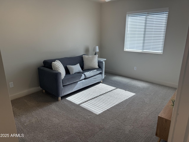 living area featuring baseboards and dark carpet