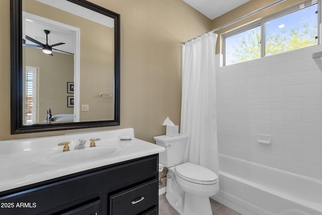 full bathroom with ceiling fan, tile patterned flooring, shower / bath combo, vanity, and toilet